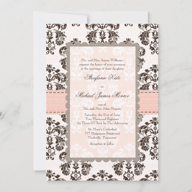 Invitations roses et Mariage damassé Brown (Devant)