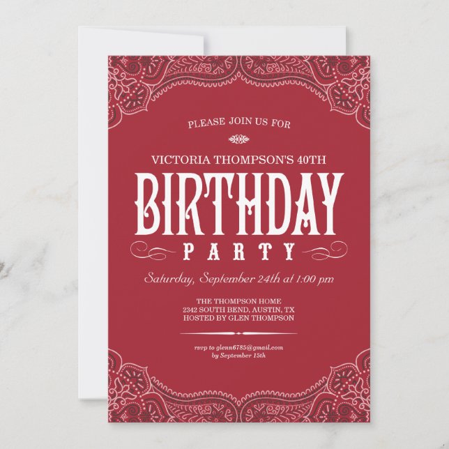 Invitations rouges d'anniversaire de Paisley (Devant)