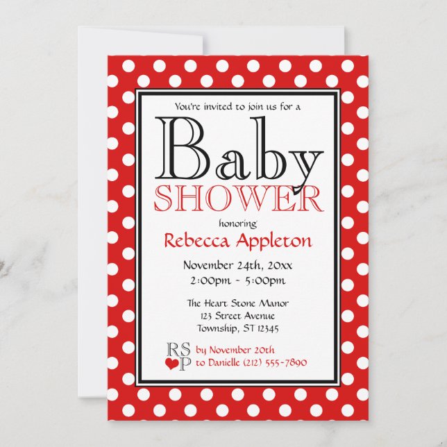 Invitations rouges de baby shower de point de (Devant)