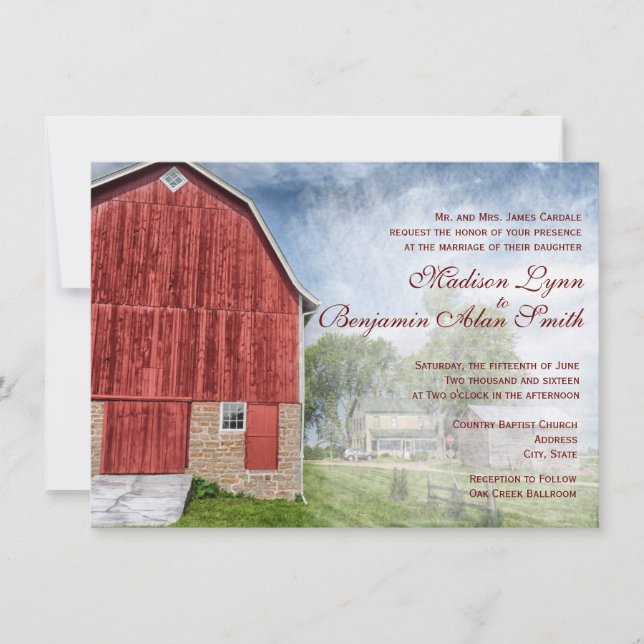 Invitations rouges de mariage de ferme de grange (Devant)
