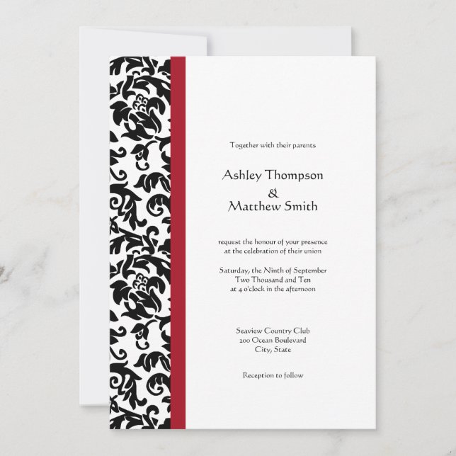 Invitations rouges et noires de mariage damassé (Devant)