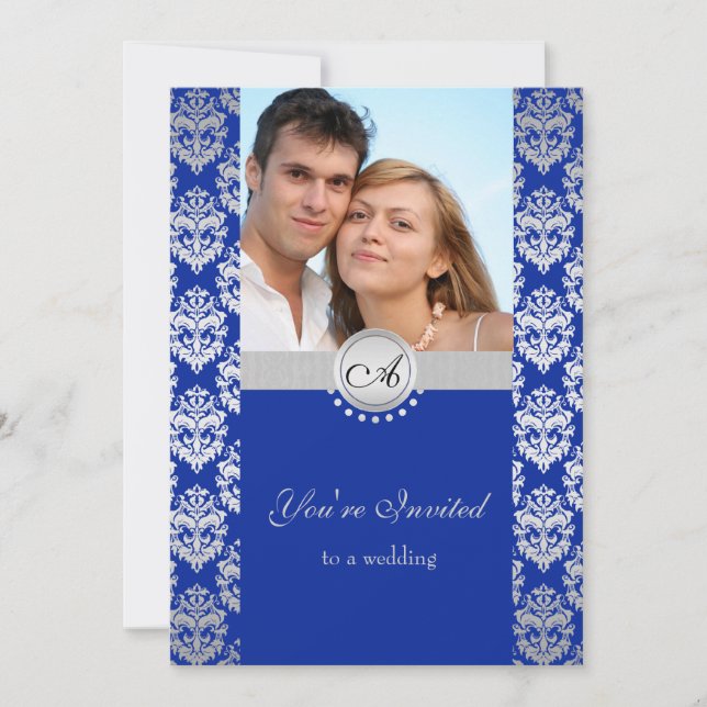 Invitations Royal Blue et Silver Mariage damassé (Devant)