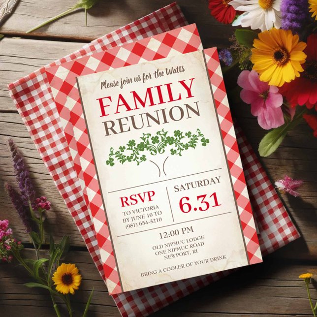 Invitations Rustic Red En vichy Family Reunion (Rustic family reunion invitations tree with red gingham print.)