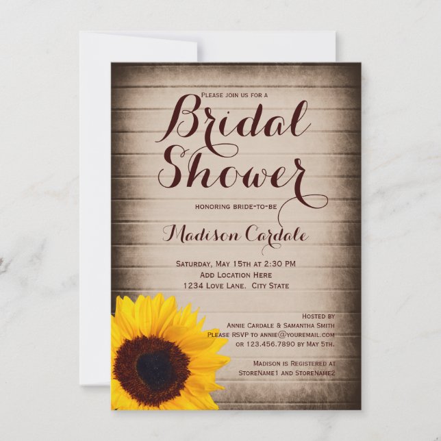 Invitations Rustic Wood Sunflower Bridal Douche (Devant)