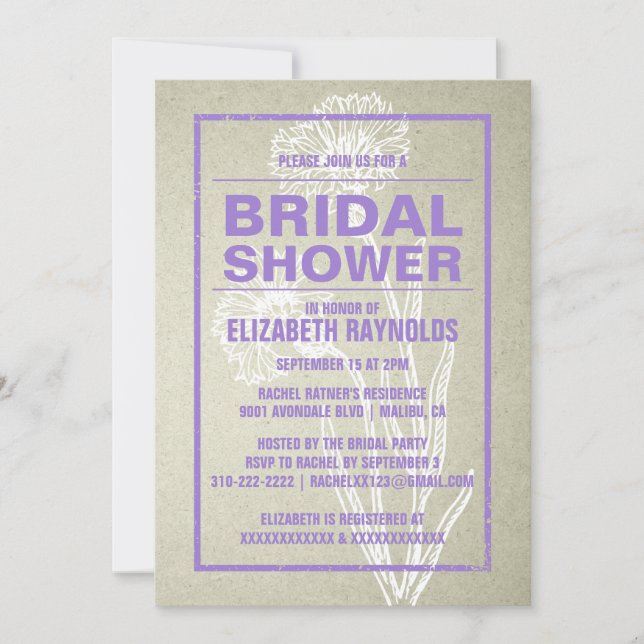 Invitations Rustique Violet Douche nuptiale (Devant)
