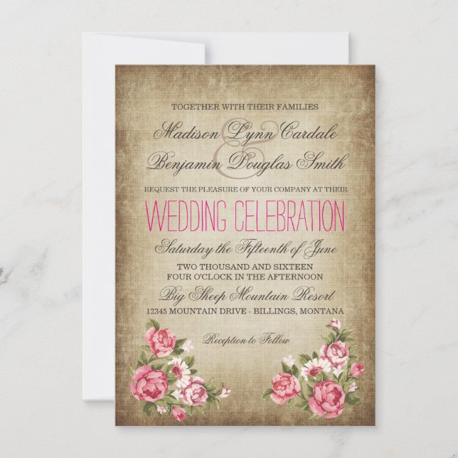 Invitations rustiques de mariage de roses roses (Devant)