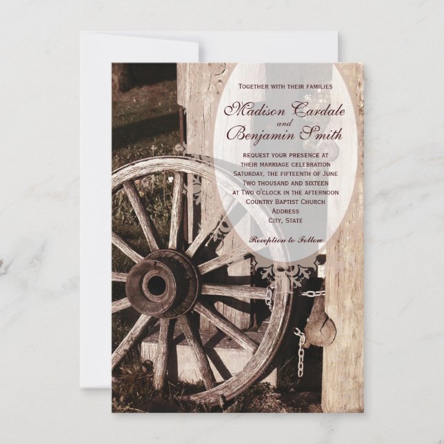 Invitations rustiques de mariage de roues de pays (Devant)