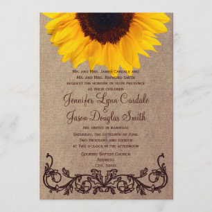 Invitations rustiques de mariage de tournesol de