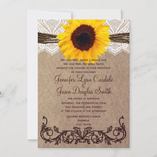 Invitations rustiques de mariage de tournesol de (Devant)