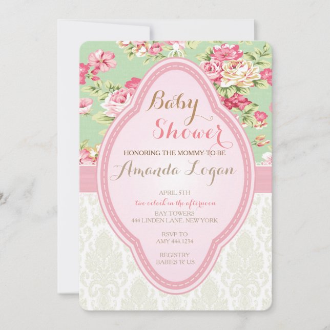 Invitations Shabby Chic Baby shower Tea Party (Devant)