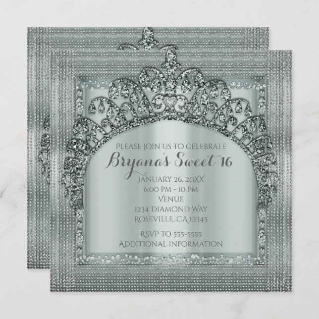Invitations Silver Tiara Crown & Diamond Bling (Devant / Derrière)