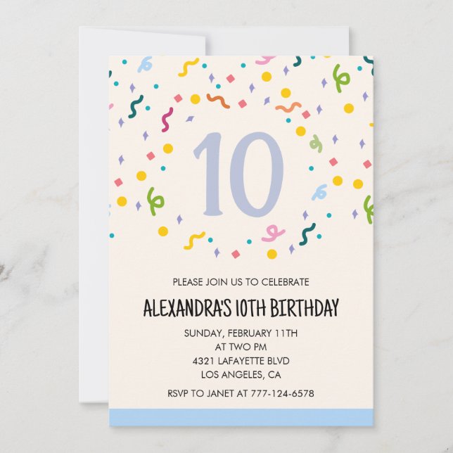 Invitations simples 10e anniversaire Confetti Mode (Devant)