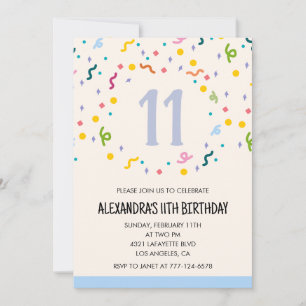 Invitations simples 11e anniversaire Confetti Mode
