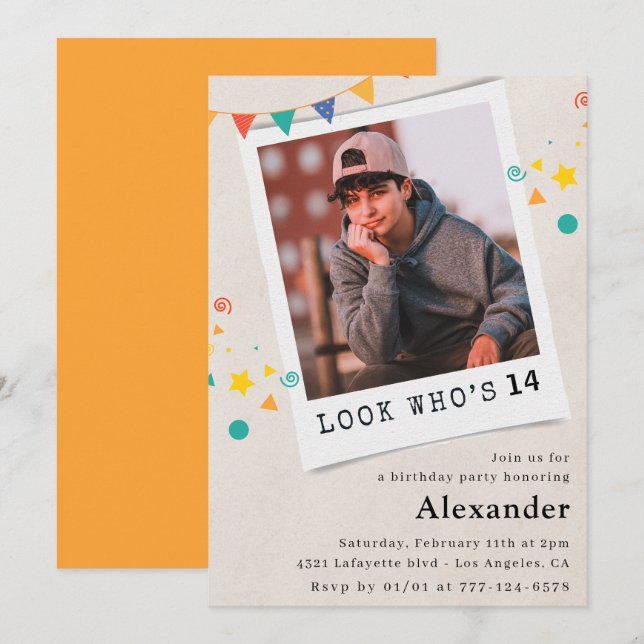 Invitations simples 14e anniversaire Boy Photo (Devant / Derrière)