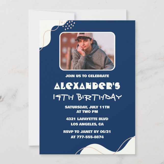 Invitations simples 14e anniversaire Boy Photo Nav (Devant)