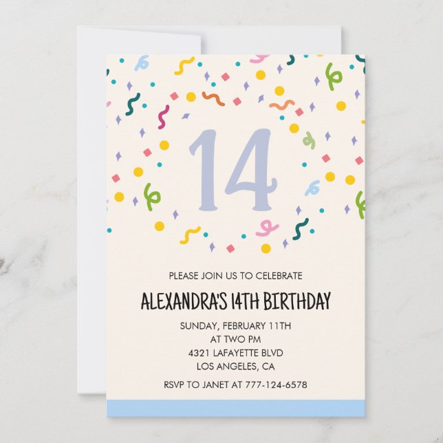 Invitations simples 14e anniversaire Confetti Mode (Devant)