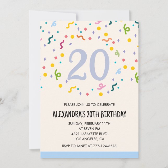 Invitations simples 20e anniversaire Confetti Mode (Devant)