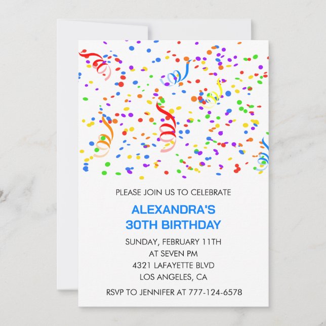 Invitations simples 30e anniversaire Confetti Rain (Devant)