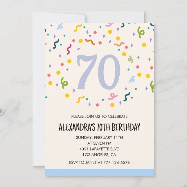 Invitations simples 70e anniversaire Confetti Mode (Devant)