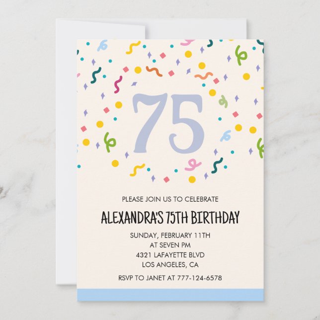Invitations simples 75e anniversaire Confetti Mode (Devant)