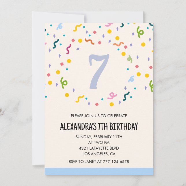 Invitations simples 7 ans Confetti Modern (Devant)
