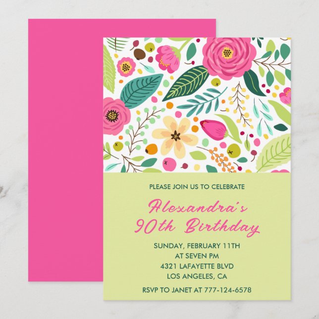 Invitations simples 90e anniversaire Floral Colorf (Devant / Derrière)