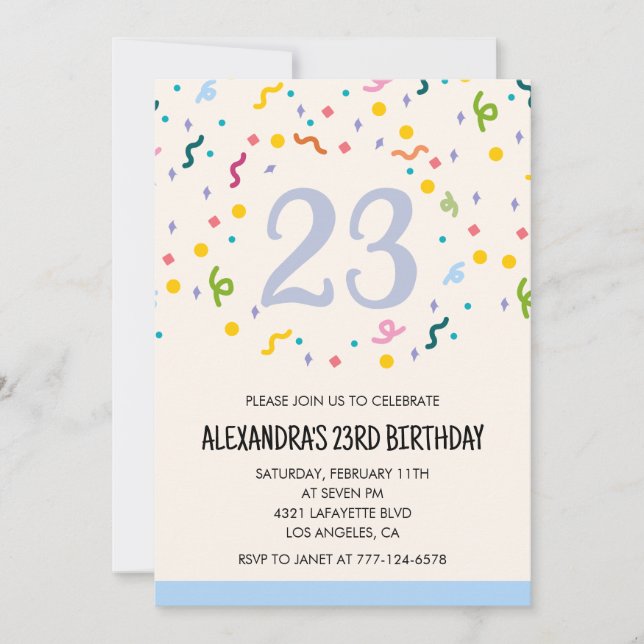 Invitations simples pour 23e anniversaire Confetti (Devant)
