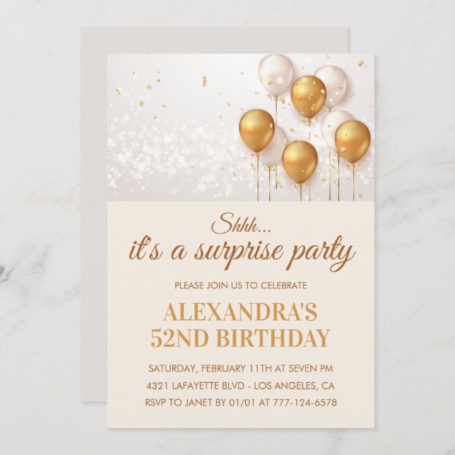 Invitations Surprise 52e anniversaire Gold (Devant / Derrière)