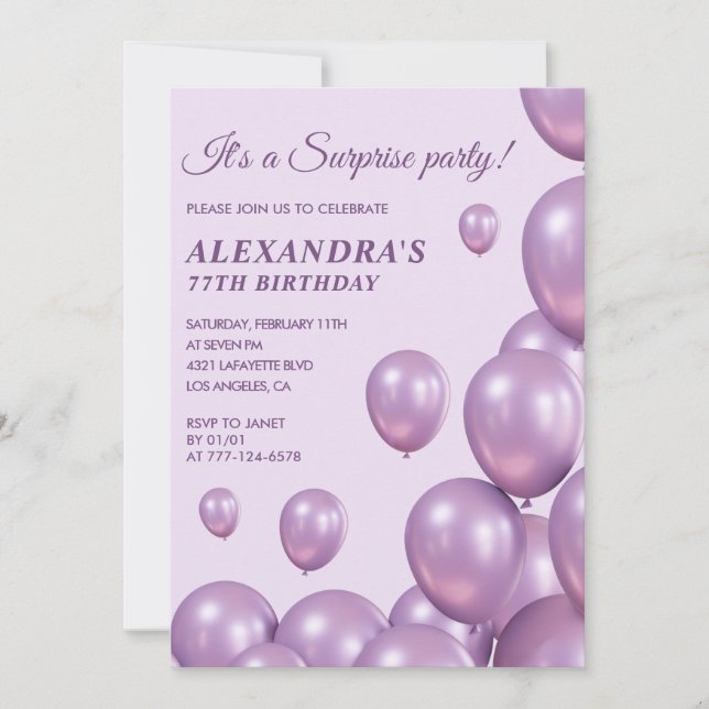 Invitations Surprise 77e anniversaire Ballons viol (Devant)