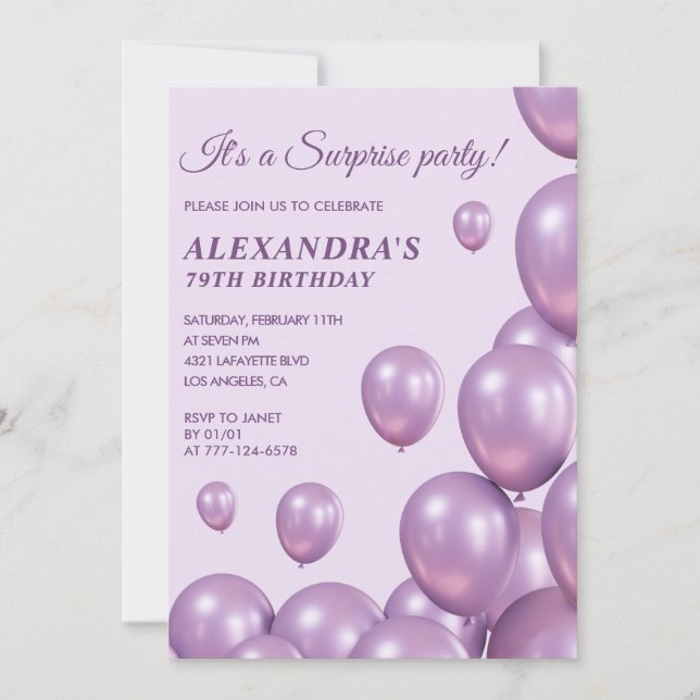Invitations Surprise 79e anniversaire Ballons viol (Devant)