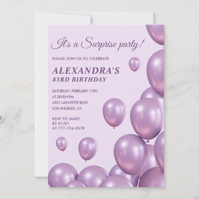 Invitations Surprise 83e anniversaire Ballons viol (Devant)