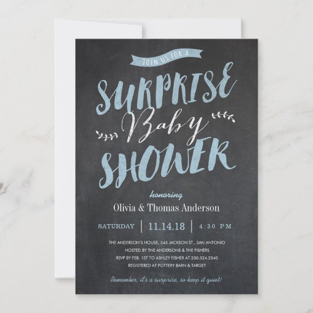 Invitations Surprise Baby Shower - Chalkboard Blue (Devant)