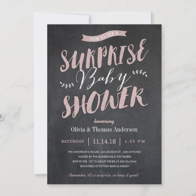 Invitations Surprise Baby Shower - Chalkboard Pink (Devant)