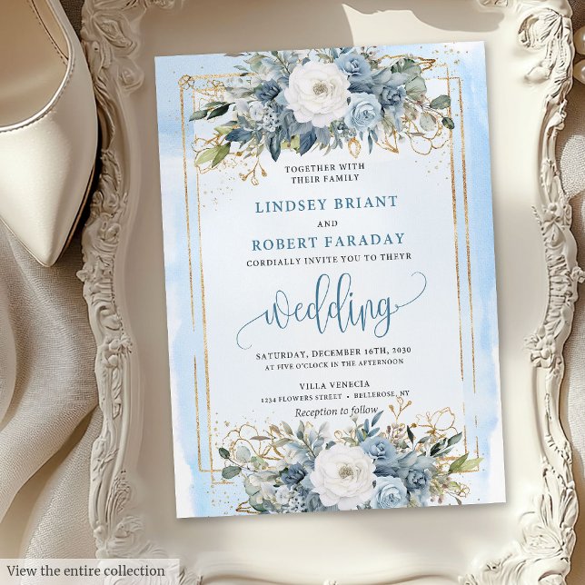 Invitations traditionnels Dusty Blue White Gold Fl (Traditional Dusty Blue White Gold Flowers Invitation)