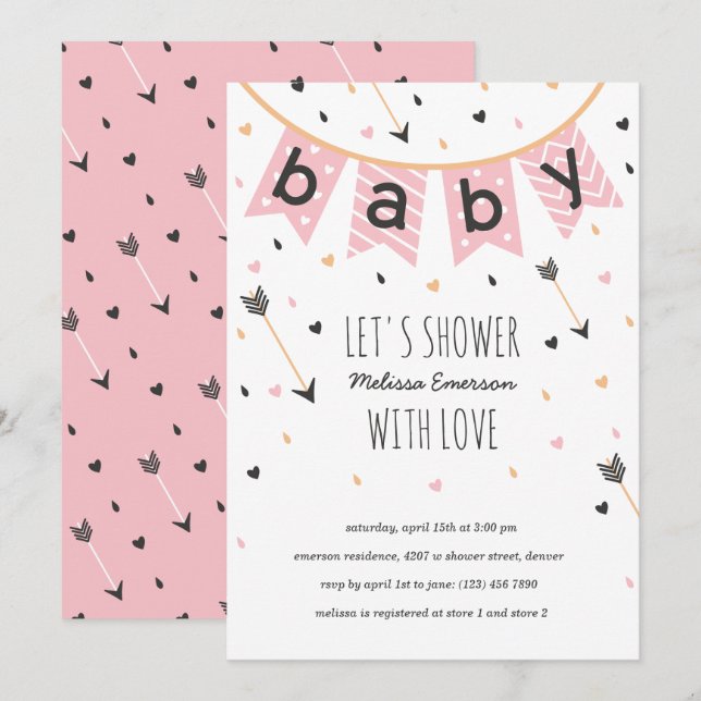 Invitations Tribal Baby Shower | Fille rose (Devant / Derrière)