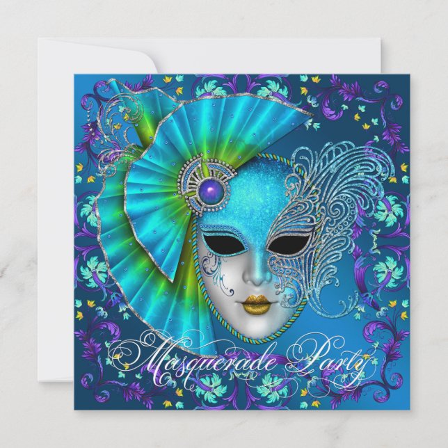 Invitations turquoise Blue Masquerade Party (Devant)