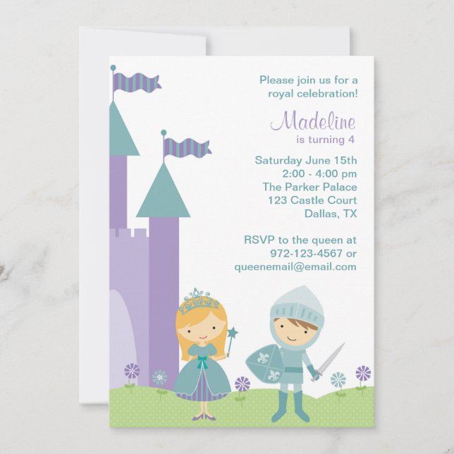 Invitations turquoise et violette de princesses et (Devant)