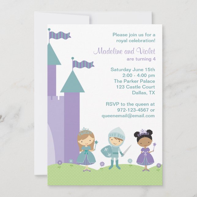 Invitations turquoise et violette de princesses et (Devant)