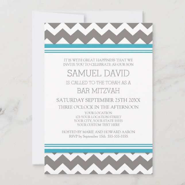 Invitations turquoise Grey Chevron Bar Mitzvah (Dos)