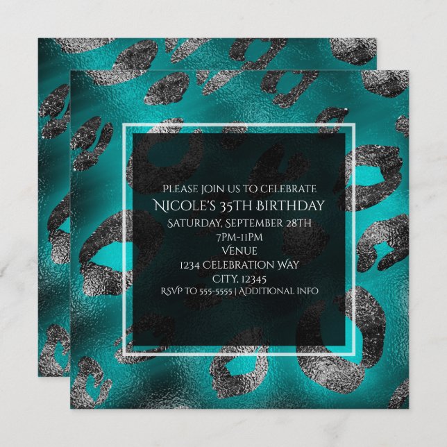 Invitations turquoise & Silver Empreinte de léopar (Devant / Derrière)
