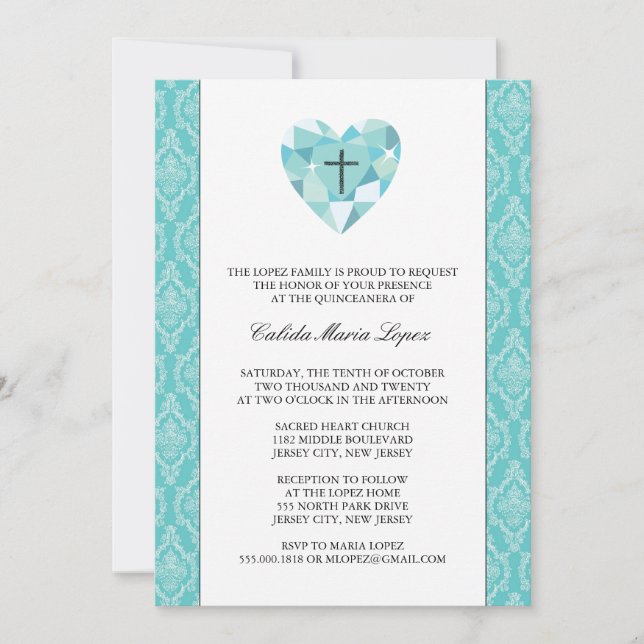 Invitations turquoises Damask Quinceanera (Devant)