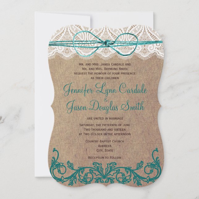 Invitations turquoises de mariage de pays de brun (Devant)