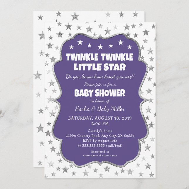 Invitations Twinkle Star Baby shower ultra violet (Devant / Derrière)