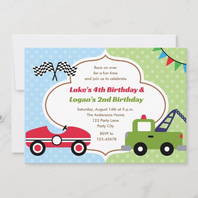 Invitations Twins Boy Birthday Race Car Tow Truck (Devant)