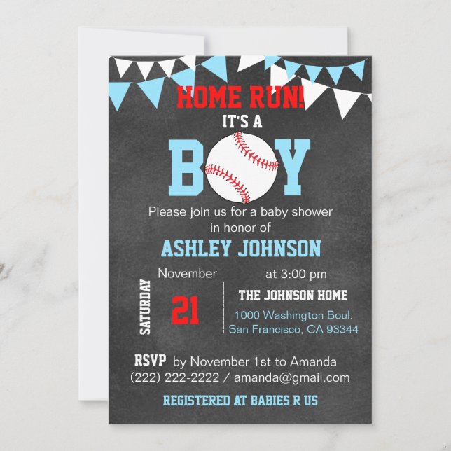 Invitations Unique Blue Boy Baseball Baby Shower (Devant)