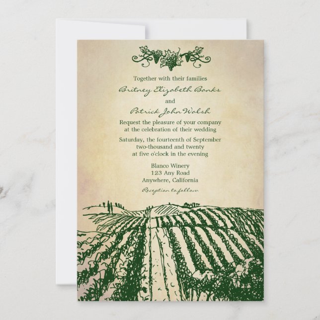 Invitations vertes toscanes de mariage de vignoble (Devant)