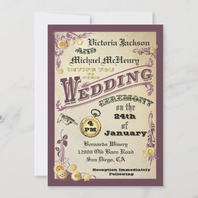 Invitations victoriennes de mariage de Steampunk (Devant)