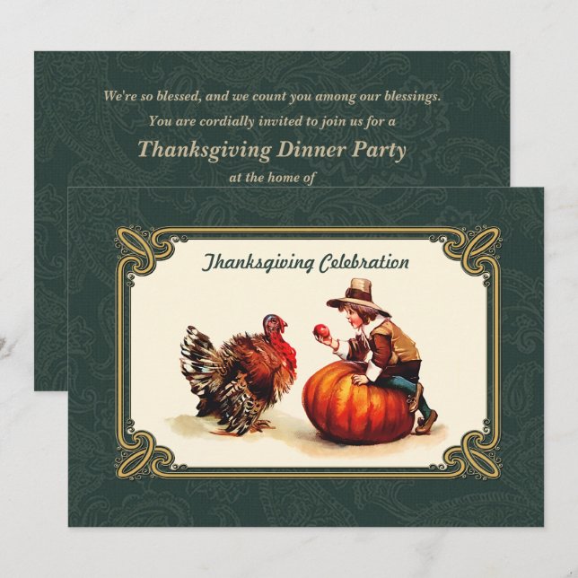 Invitations vintage Art Thanksgiving Diner (Devant / Derrière)