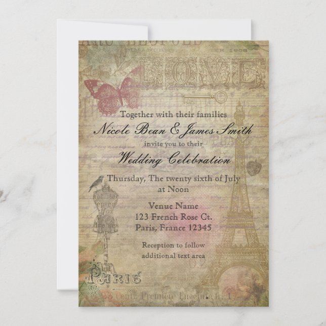 Invitations vintage Paris Chic Wedding Party (Devant)