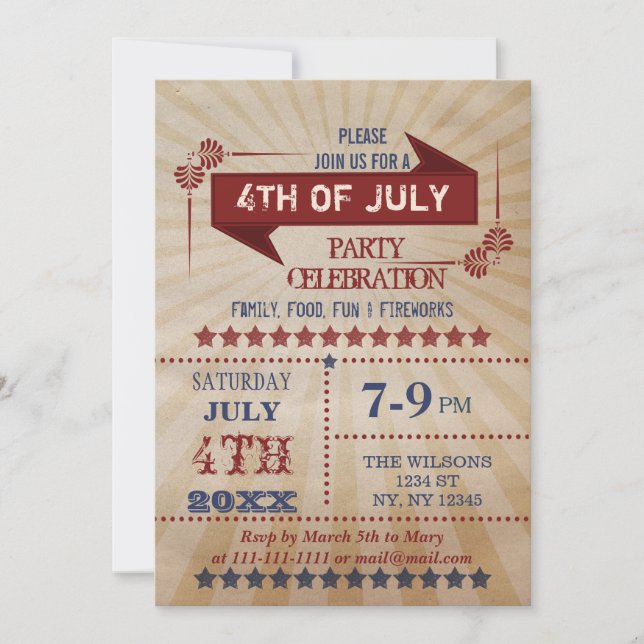 Invitations vintage Rustic 4 juillet Party (Devant)